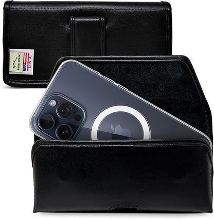 Turtleback Belt Holder for iPhone 16 Pro Max, 15 Pro Max, 14 Pro Max -Small- Fits w/Slim MagSafe Style Cases, Premium Black Leather Horiz. Belt Holster, Magnetic Closure, Leather Wrapped Clip