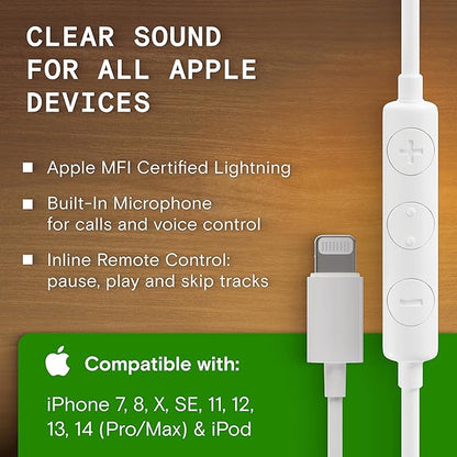 Symphonized iPhone Earphones Wired Deep Bass Sound, 3D Sound, Microphone Volume Control, 90% Noise Cancelling, Bubinga Wooden with Lightning (Apple MFI Certified), iPhone SE to 14 Earbuds (White)