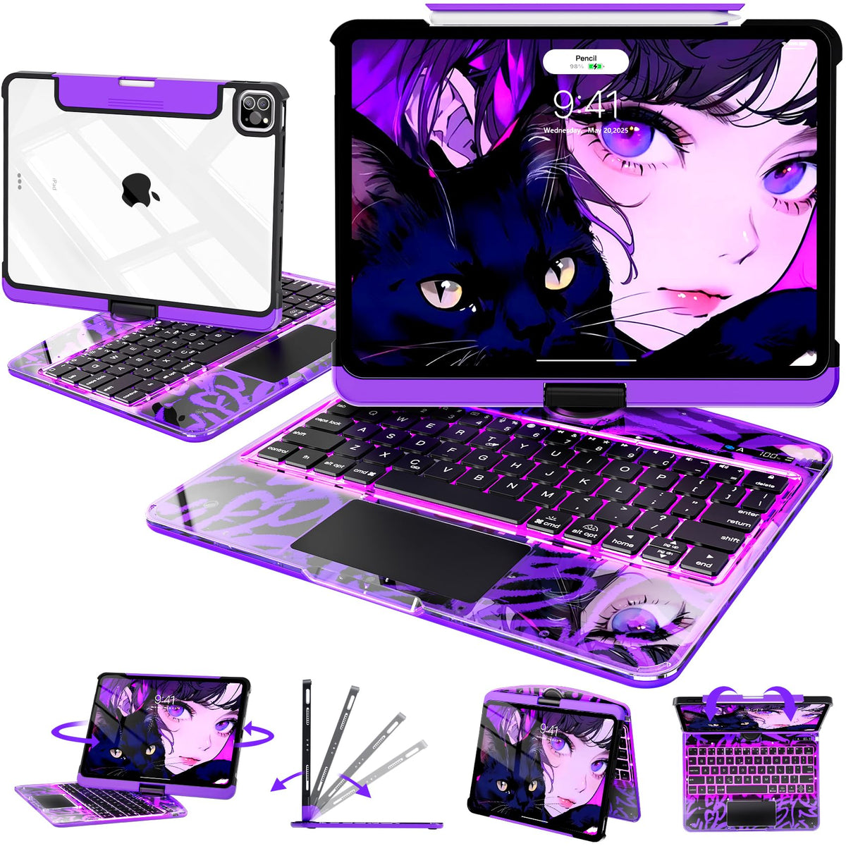 Intermerge Transparent Keyboard Case for iPad Pro 13"(M5,2025/ M4,2024), 360° Swivel Multi-Touch Trackpad, 7-Color RGB Backlit, Pencil Holder, Type-C, Power Indicator, Aqua Pulse