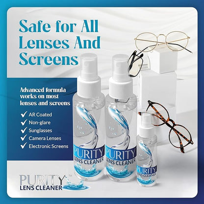 Purity Eyeglass Lens Cleaner Kit - 2 x 8oz and 1 x 2oz Lens Cleaner Spray Bottle + 2 Microfiber Cleaning Cloths - Safe for All Lenses (AR Coated Included), Eyeglasses and Screens - Clear
