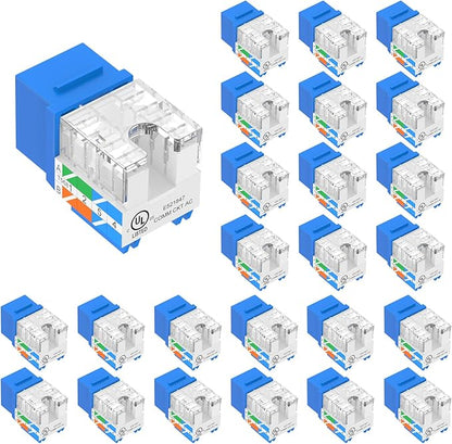 VCE UL Listed 10Gbps Cat6 Keystone Jack Insert 25-Pack, 90 Degree Punch Down RJ45 Keystone Jack Adapter Slim Profile Blue