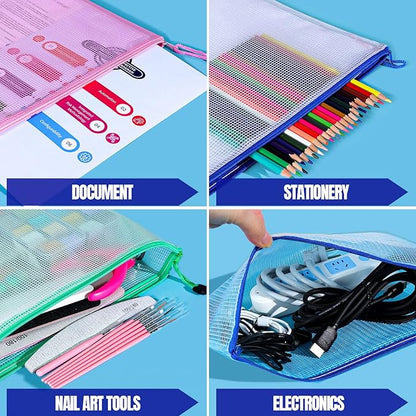 LEOBRO 20PCS Zipper Pouch, A4 Mesh Zipper Pouch Bags, Waterproof Bag, Mesh Bags for Classroom Organization, Toy Storage, School Supplies, Travel Essentials, File Jackets & File Pockets