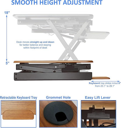 Rocelco 32" Height Adjustable Standing Desk Converter - Sit Stand Computer Workstation Riser - Dual Monitor Retractable Keyboard Tray Gas Spring Assist - Teak Wood Grain (R EADRT)