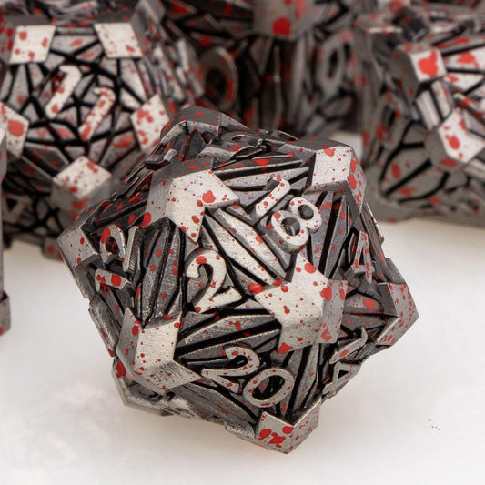 ORIFANTOU 7PCS Metal DND Dice Set with Box, Debris RPG Blood Spatter D and D Dice for use with D&D Tabletop Games Role Playing Game Polyhedral Dice Set D20 D12 D10 D8 D6 D4