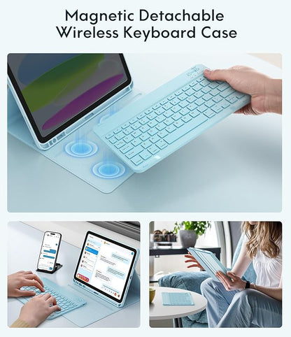 CHESONA Keyboard Case for iPad (A16) 11th/10th Generation (2025/2022), Detachable Wireless Keyboard, Stand Folio Keyboard Cover with Pencil Holder, Thin & Light (Light Blue)