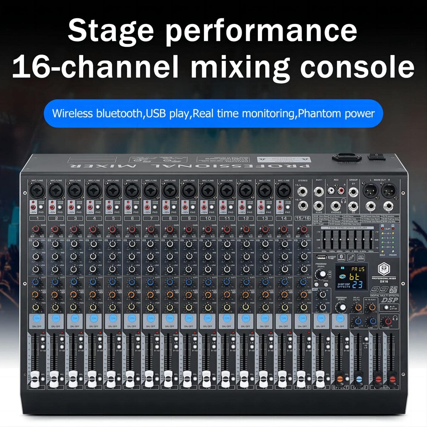 W IN-MIX DX16 Professional 16-Channel DJ Mixer with 99 DSP Effects, 7-Band EQ, 48V Phantom Power, Bluetooth & USB Recording for Live Performance, Studio, Podcast & Streaming