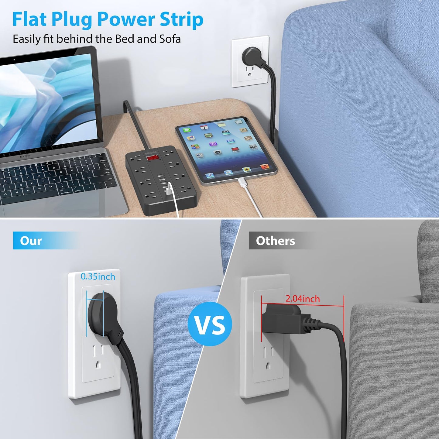 10 Ft Extension Cord Power Strip, SMNICE 8 Widely Spaced Outlets and 6 USB (1 USB C) Charging Ports Flat Plug Power Strip, Desktop Power Cord for Travel Home Office Accessories Black