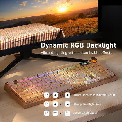 iRocks K85R Wireless RGB Backlit Mechanical Gaming Keyboard with LCD Display, Hot-Swappable Pre-lubed Switches, 98 PBT Keys, USB-C Detachable Cable (Light Golden, Silent Bubble Switch)