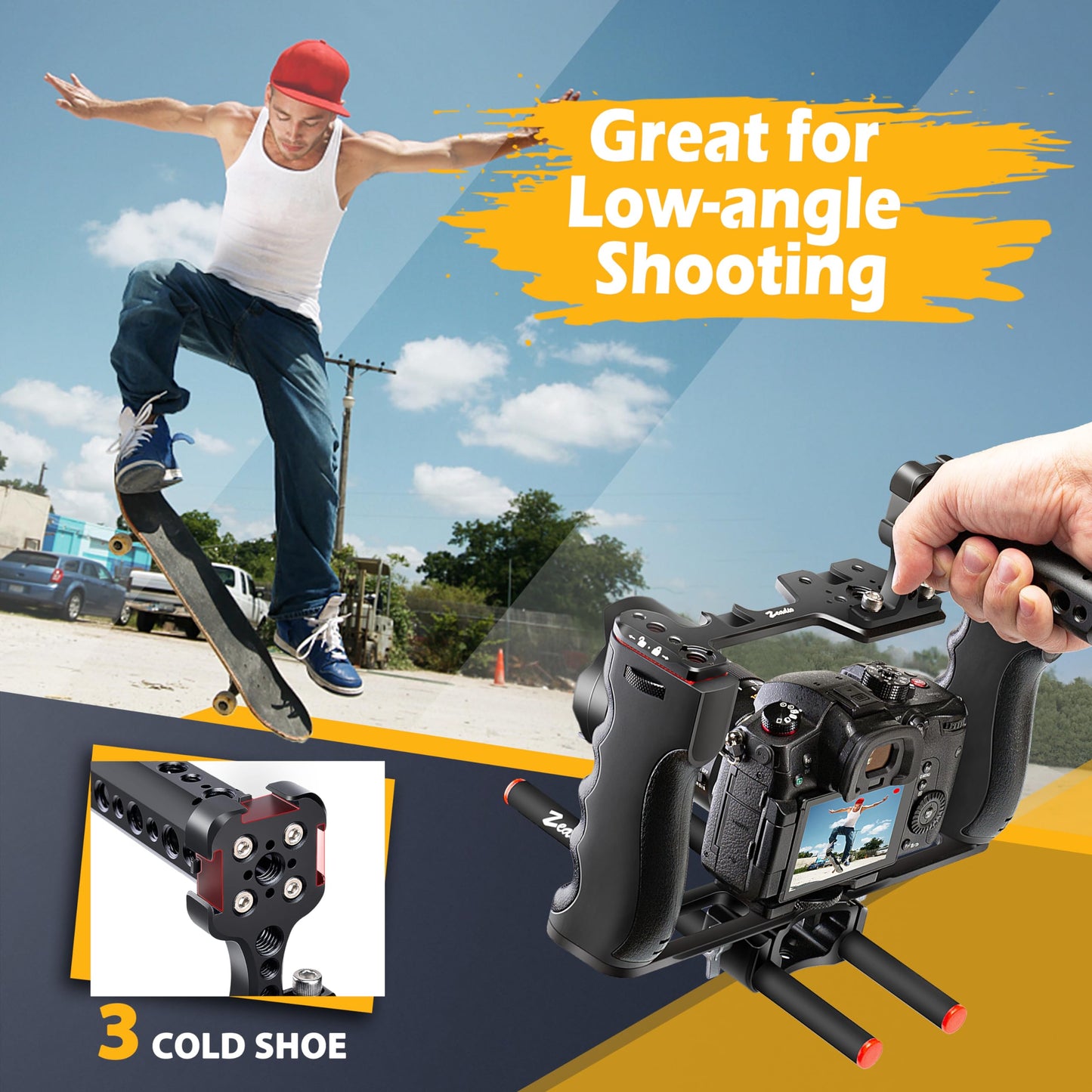 Zeadio Camera Video Rig Cage, Aluminum Filmmaking Movie Making Kit with Top Handle & Arca Type Base, Compatible with All DSLR Camera and Camcorder