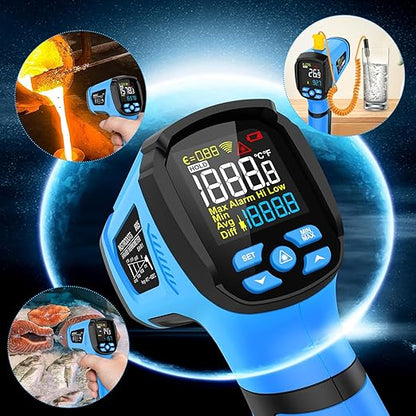 Infrared Thermometer Temperature Gun, -40℉ to 2192℉ Dual Laser High Temp Thermometer with LCD Color Display, Non-Contact Industrial Pyrometer 50:1 Distance Ratio, Adjustable Emissivity