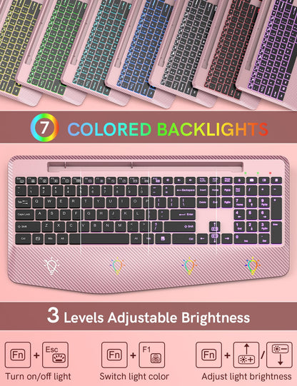 Wireless Keyboard, 7 Colored Backlits, Wrist Rest, Phone Holder-Rose gold