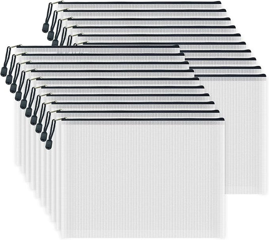 AUSTARK 20pcs Mesh Zipper Pouch Bags, Multipurpose Waterproof Organization Storage Bag for Office School Home Travel (A4 Size 13.4''x9.4'', White and Black)