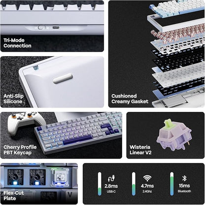 EPOMAKER Galaxy100 QMK/VIA Wireless Mechanical Keyboard with 8000mAh Battery and Numpad, CNC Aluminum, Full Size Gaming Keyboard, USB-C/BT5.0/2.4Ghz (White Purple, Wisteria Linear Switch)