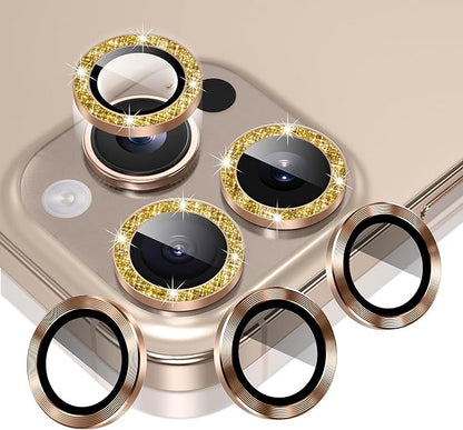 AGVEE 3+3 6 Pack for iPhone 16 Pro 6.3" / 16 Pro Max 6.9" Camera Lens Cover Protector, Bling Glitter & CD-Textured Metal Ring 9H Tempered HD Glass Camera Cover Protector Film, Glitter-Desert