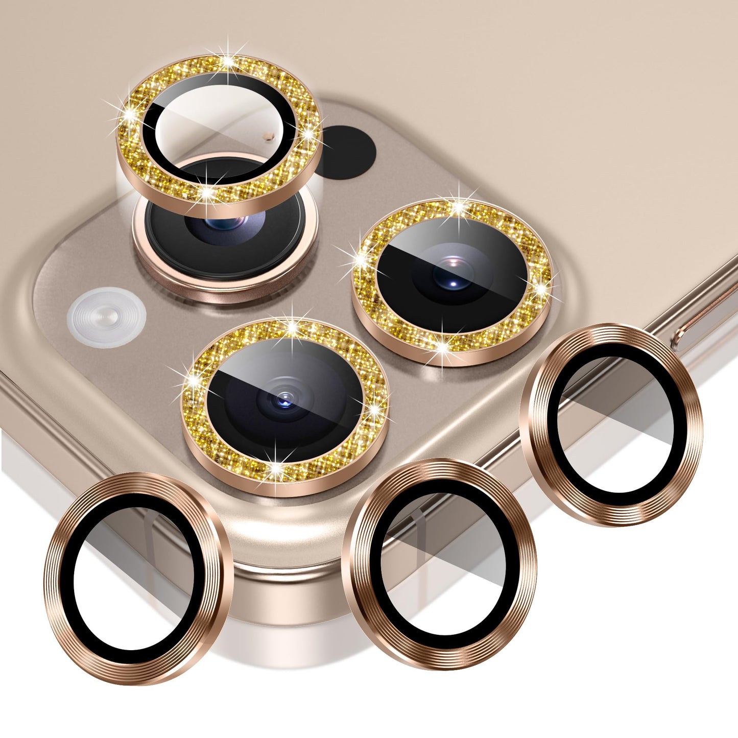 AGVEE 16 Pro & Max 3+3 6 Pack for iPhone 13 6.1" / 13 Mini 5.4" Camera Lens Protector, Bling Diamond & Bling Glitter Metal Ring 9H Tempered HD Glass Camera Cover Film, Glitter-Desert