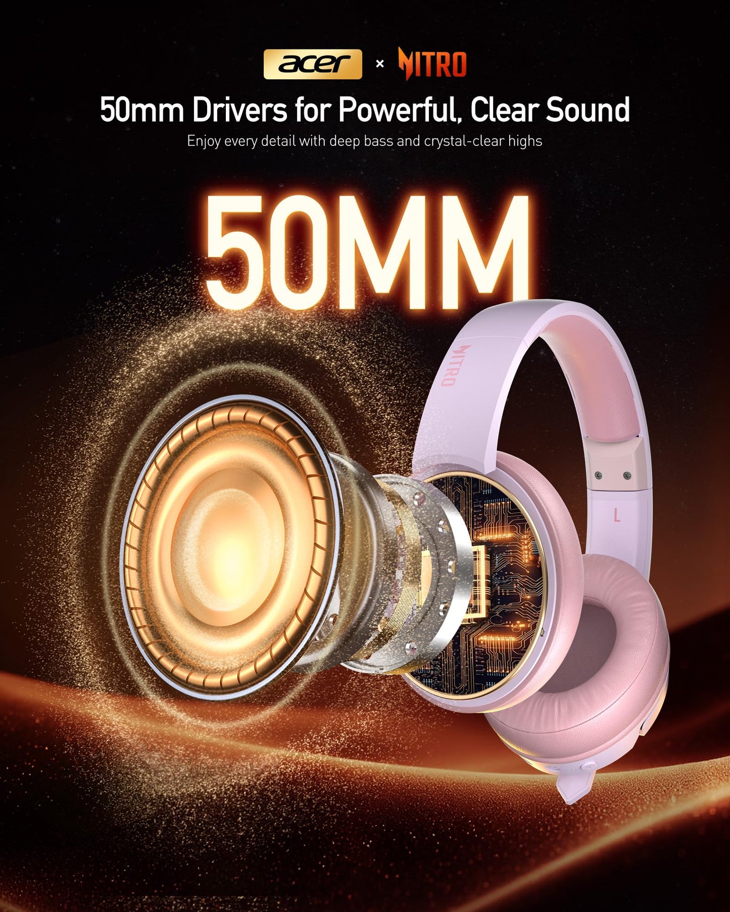 acer Wireless Gaming Headset, PS5 Headset with 2.4GHz for Ps5, Ps4, PC, Switch, Bluetooth 5.3 + 100Hrs Gaming Headphones with Noise Canceling Mic for Laptop, Mobile, Mac, 50mm Drivers (Pink)