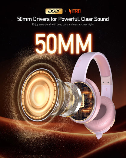 acer Wireless Gaming Headset, PS5 Headset with 2.4GHz for Ps5, Ps4, PC, Switch, Bluetooth 5.3 + 100Hrs Gaming Headphones with Noise Canceling Mic for Laptop, Mobile, Mac, 50mm Drivers (Pink)