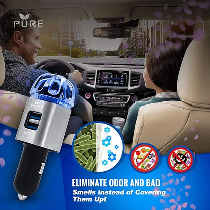 Car Air Purifier 3in1 Premium Stainless Steel Air Filter Ionizer w/Dual USB Quick Charge 3.0 USB-Eliminate Allergens Odor Smell, Smoke, Pets, Pollen Mold Bacteria w/Anti-Microbial Deodorizer (Silver)