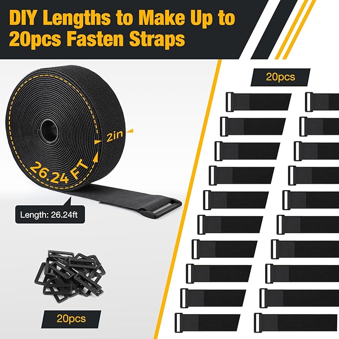 26ft x 2in Heavy Duty Cable Straps with 20pcs Plastic Buckles, Free Cut to Length Cinch Strap, Reusable & Adjustable Hook and Loop Straps for Cable Ties, Cord Organizer, Wire Management