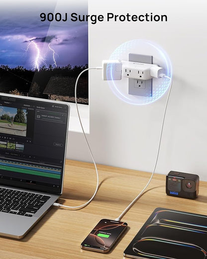 TROND Outlet Extender Surge Protector - Multi Plug Wall Outlet with 4 Grounded Sockets, 3 Way Angled Plug Adapter, 900J, Electrical Wall Splitter for Home Office Travel Dorm Room, White