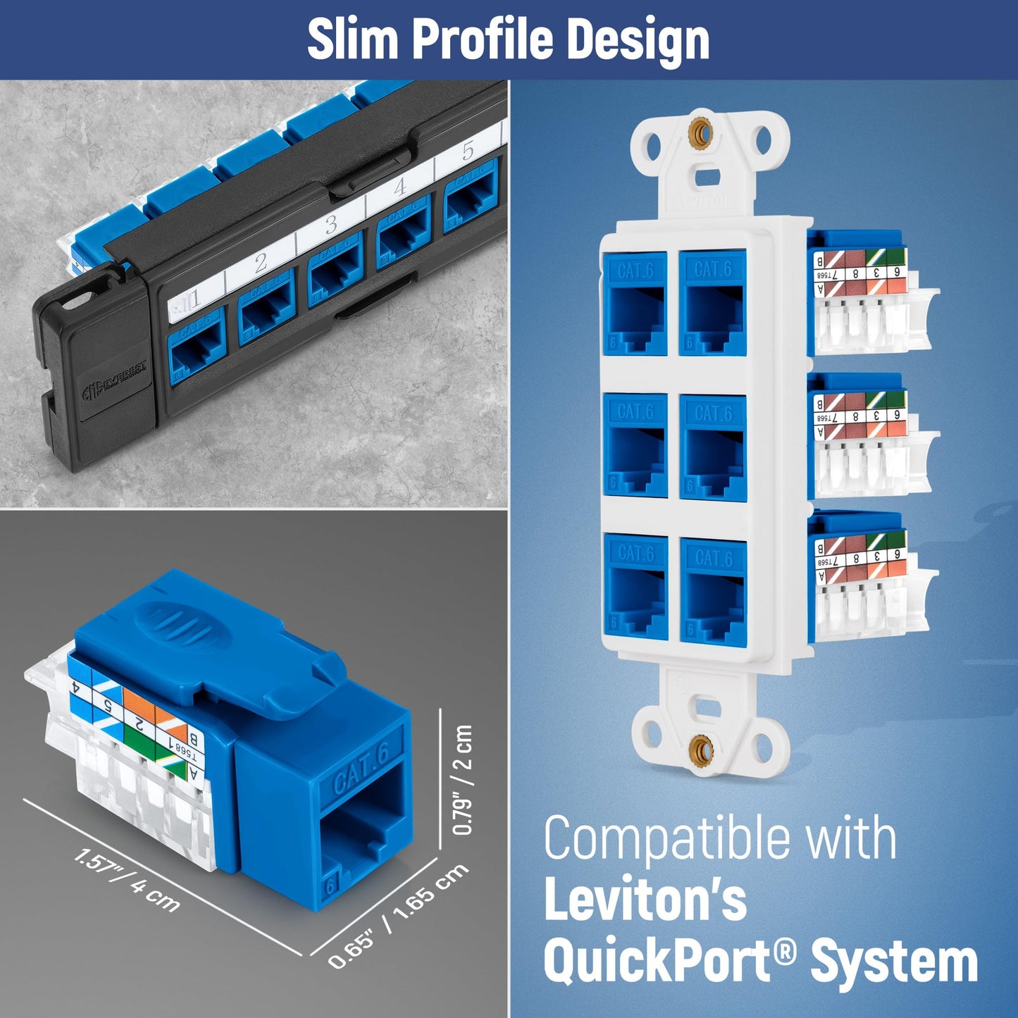 Everest 45 Degree RJ45 Cat6 Keystone Jacks Slim Profile 50-Pack Blue