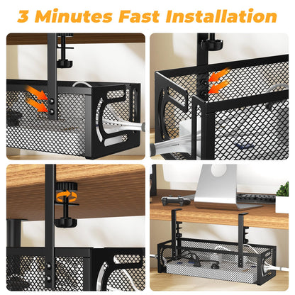 Under Desk Cable Management Tray, 15.7'' No Drill Steel Desk Cable Organizers, Wire Management Tray Cable Management Rack (1 Pack-Black)