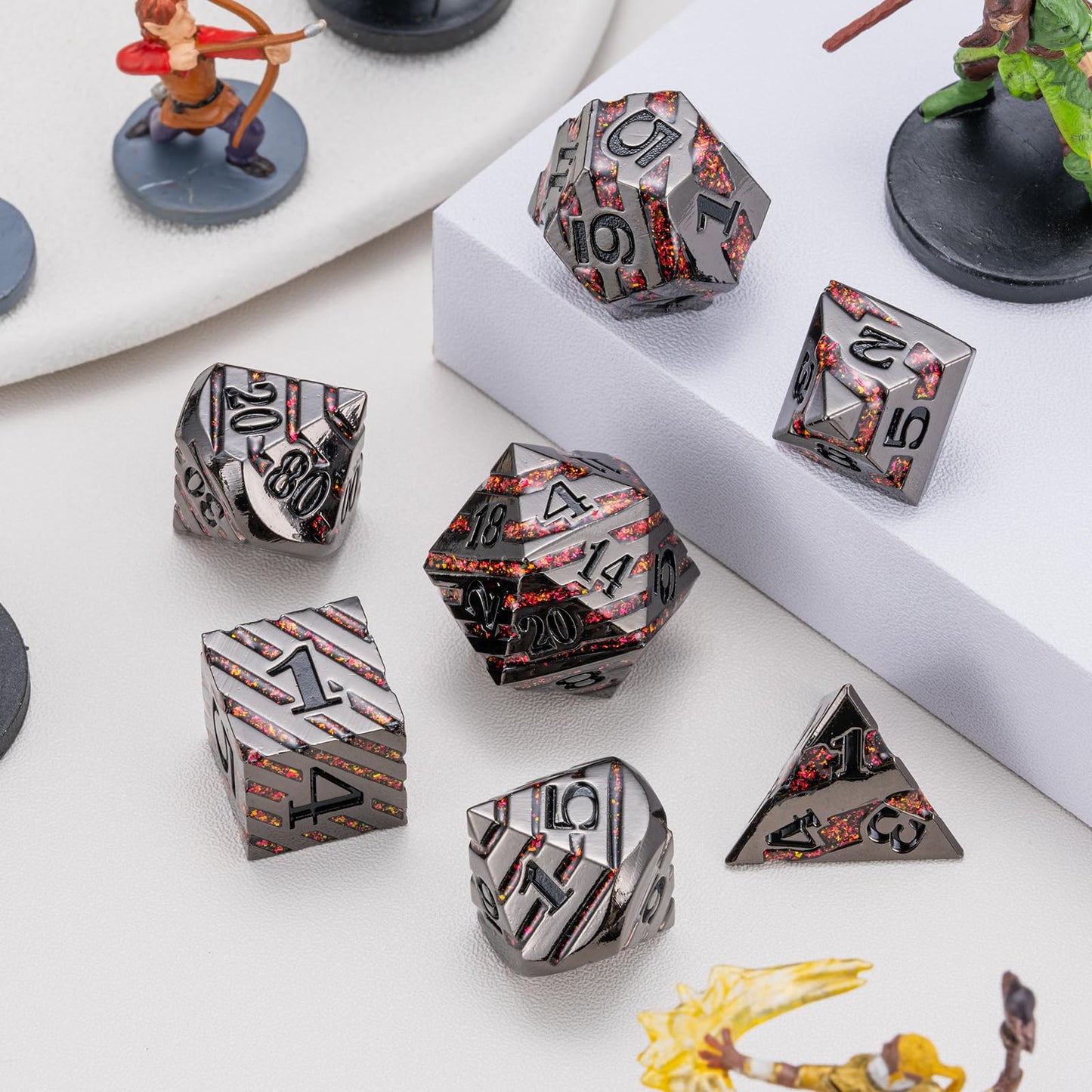 Maywin Decorative Inlay Metal Dice Set 7pcs, Heavy Metal RPG Dice for DND Players and Collectors