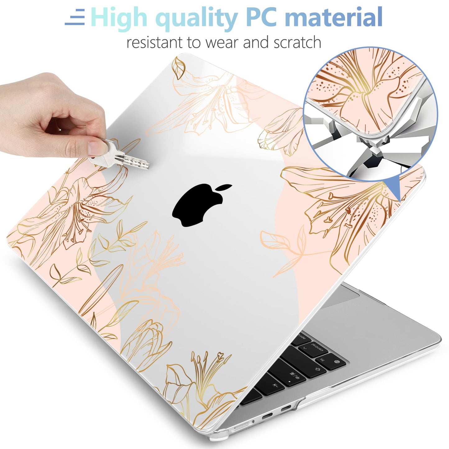 MEEgoodo Case for M5/M4/M3/M2 MacBook Air 13 inch 2026 2025 2024 2022, Fit Model A3449/A3240/A3113/A2681, Case Compatible with MacBook Air 13.6-inch, Gold Flowers Lilies