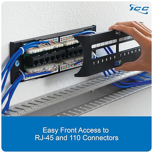 ICC CAT5e Patch Panel, UL Listed & PoE++ Rated Gigabit Applications, Wall Mount 12 Port Network Patch Panel with Front 110 IDC Terminal Blocks and Removable Cover, Black