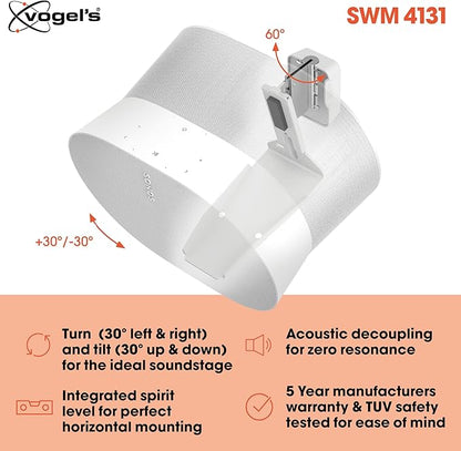 Vogel's SWM 4131 Speaker Wall Bracket for Sonos ERA 300, Max. 11 lbs (5 kg), Tiltable -30º/+30º, Swivels up to 60º (Left/Right), White, 1 Bracket