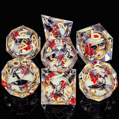 Plum Blossom DND Dice Yellow Noctilucent Liquid Core Dice Set with Metal Box, Handmade Sharp Edge Dice D and D Polyhedral Dice for use with D&D RPG Role Playing Game
