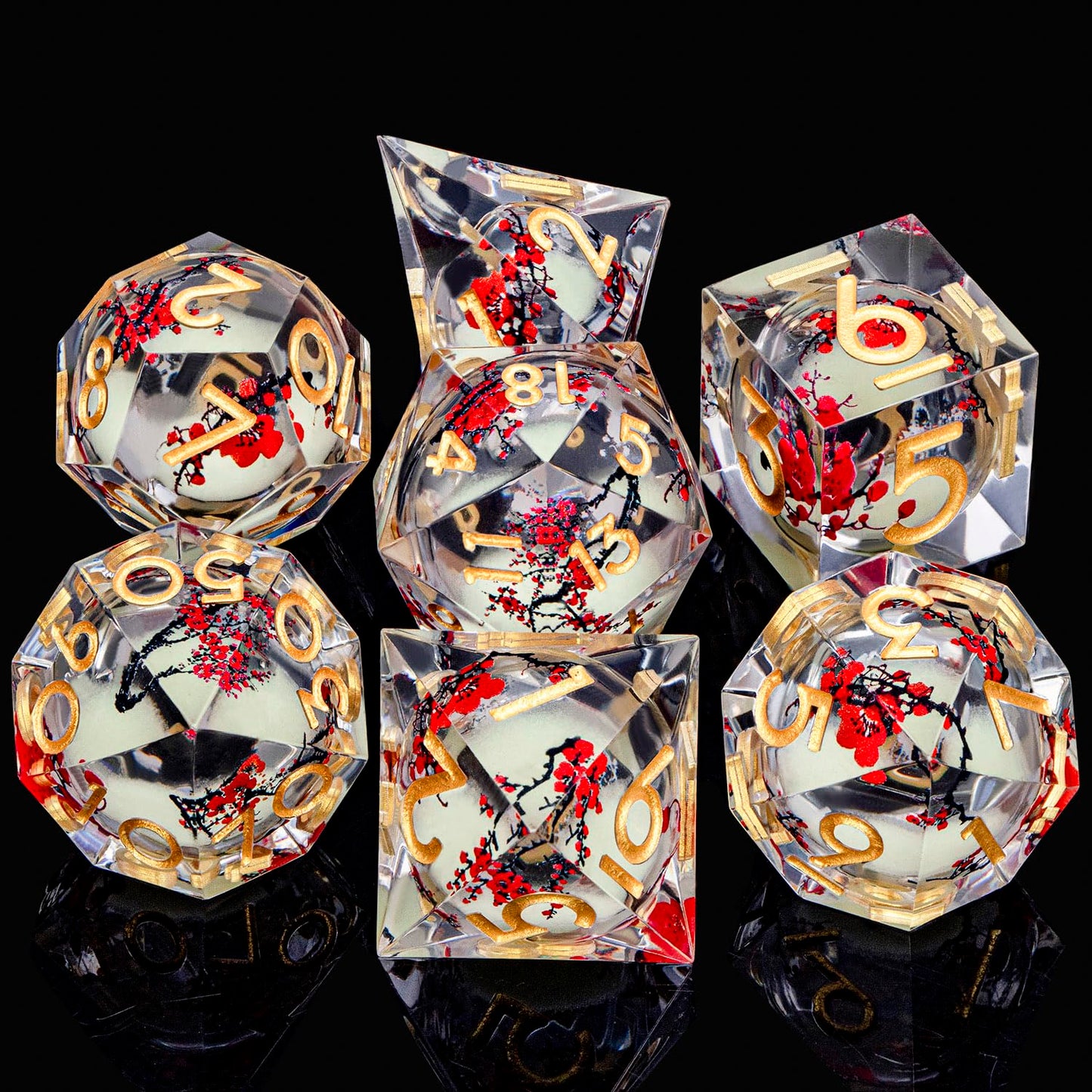 ORIFANTOU Plum Blossom DND Dice Yellow Noctilucent Liquid Core Dice Set with Metal Box, Handmade Sharp Edge Dice D and D Polyhedral Dice for use with D&D RPG Role Playing Game