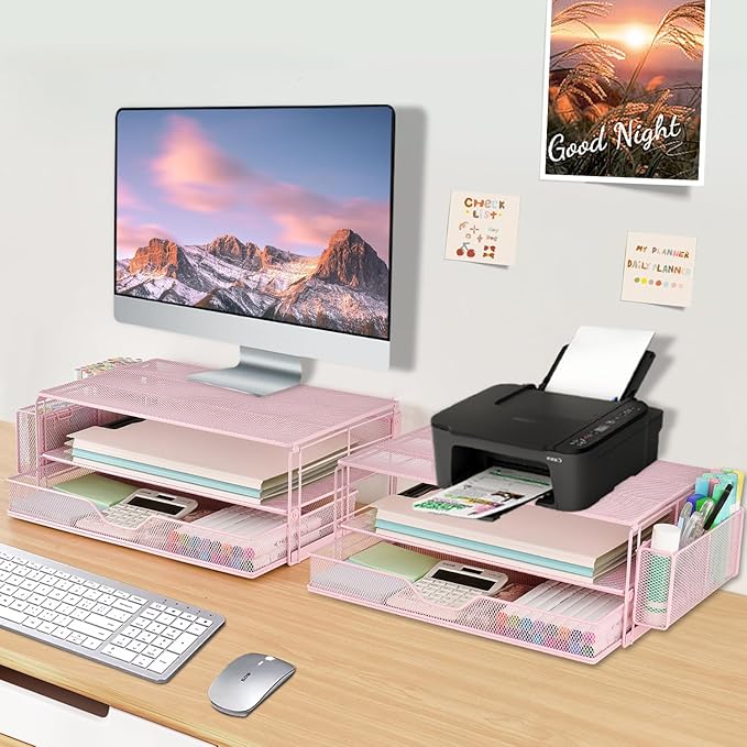 AUPSEN Computer Monitor Stands Riser，2-Tier Desk Organizers and Accessories, Office Desk Accessories Organizer with Drawers and 2 Pen Holder for Office Supplies (Pink)