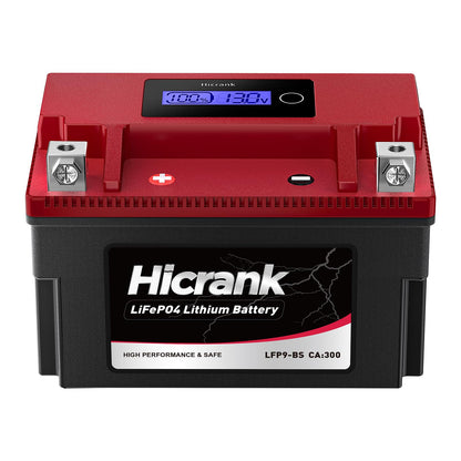 Hicrank LFP9-BS, 300 CCA, 5Ah, Lithium LiFePO4 Motorcycle Battery, 300 CCA, Digital SOC, IP66 for Ninja 400 Z650 Honda CBR600F4i KTM Duke 390 Suzuki GSX-R600 GSXR750 Predator 500 Replaces YTX9-BS