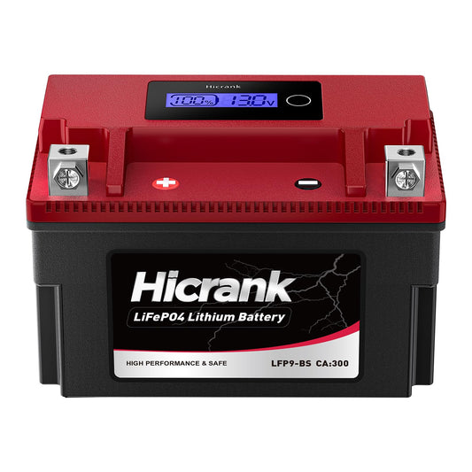 Hicrank LFP9-BS, 300 CCA, 5Ah, Lithium LiFePO4 Motorcycle Battery, 300 CCA, Digital SOC, IP66 for Ninja 400 Z650 Honda CBR600F4i KTM Duke 390 Suzuki GSX-R600 GSXR750 Predator 500 Replaces YTX9-BS