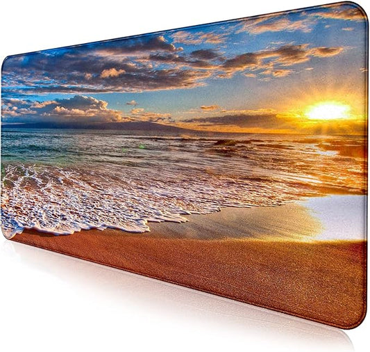 Large Extended Gaming Mouse Pad with Stitched Edges, Non-Slip Waterproof Rubber Base Mouse Pad for Office, Computer, Keyboard, Laptop and Home Desk Pad 35.4 x 15.7 x 0.12 Inch (Beach At Sunset)