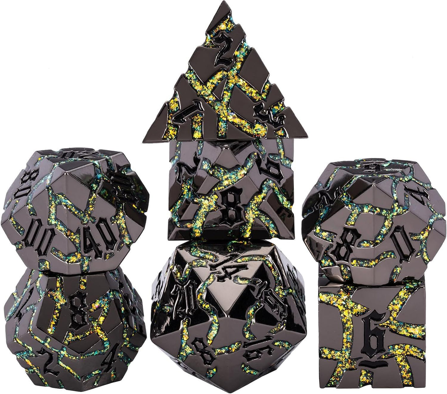 Maywin Cracked Rune Metal Dice Set for DND & RPG – Dark Fantasy Fractured Design, Premium Heavy Metal Polyhedral Dice with Deep Engraved Numbers, 7-Piece Set – Green Mystic Vein