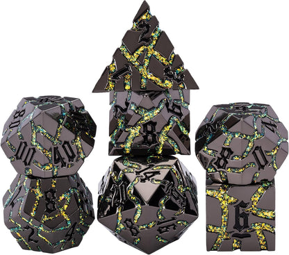 Maywin Cracked Rune Metal Dice Set for DND & RPG – Dark Fantasy Fractured Design, Premium Heavy Metal Polyhedral Dice with Deep Engraved Numbers, 7-Piece Set – Green Mystic Vein