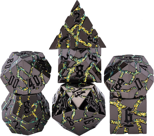 Maywin Cracked Rune Metal Dice Set for DND & RPG – Dark Fantasy Fractured Design, Premium Heavy Metal Polyhedral Dice with Deep Engraved Numbers, 7-Piece Set – Green Mystic Vein
