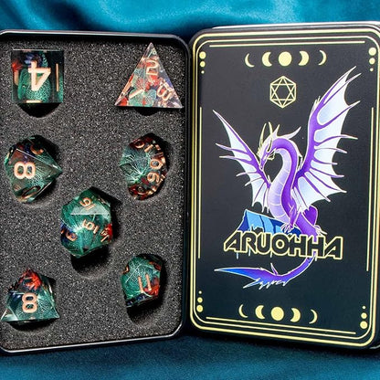 ARUOHHA DND Resin Dice Translucent Green Leaf Sharp Edged Dice Set with Box, 7pcs Flower Inclusions Polyhedral D and D Dice RPG Role Playing Game D20 D12 D10 D6