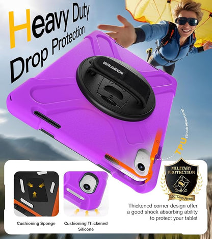 BRAECN for iPad (A16) 11th/10th Generation case 11/10.9 inch 2025/2022 Heavy Duty Shockproof Protective with Pencil Holder Screen Protector 360°Rotating Stand Handle & Shoulder Strap Full Body Cover