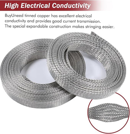 Tinned Copper Metal Braid Sleeving Wire Shielding Sleeve Braided Copper Ground Straps EMI/RFI Interference Expandable Flat Mesh Shielding Cable for Protect Wire (1/2inch-22ft)