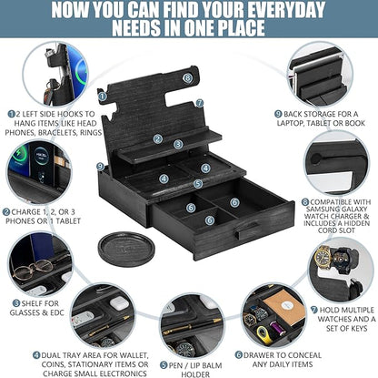 Black Wood Phone Docking Station for up to 3 Phones, Samsung Galaxy Watch Compatible Nightstand Organizer with Drawer for Valuables for Men & Women, Holds Phones, Tablets, Keys, Rings, Glasses, EDC