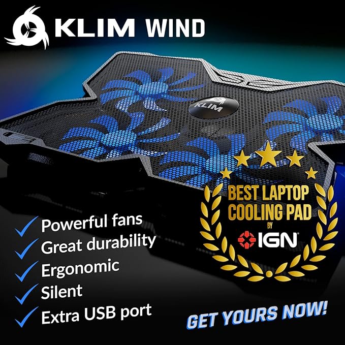 KLIM Wind Laptop Cooling Pad - More Than 500 000 Units Sold - New Version - The Most Powerful Rapid Action Cooling Fan - Laptop Stand with 4 Cooling Fans at 1200 RPM - USB Fan - PS5 PS4 - Blue