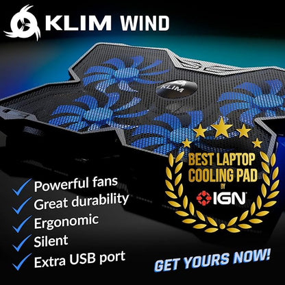 KLIM Wind Laptop Cooling Pad - More Than 500 000 Units Sold - New Version - The Most Powerful Rapid Action Cooling Fan - Laptop Stand with 4 Cooling Fans at 1200 RPM - USB Fan - PS5 PS4 - Blue