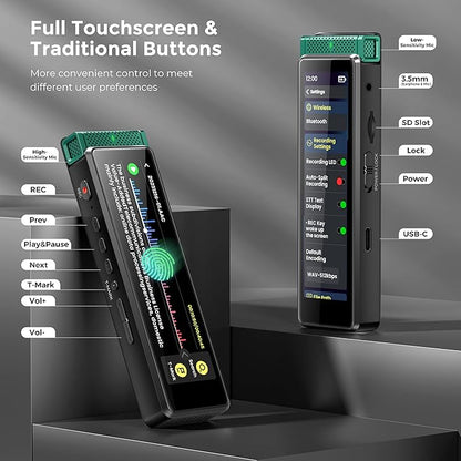 136GB Digital Voice Recorder with Playback, Innioasis R1 Full Touchscreen Voice Recorder with Bluetooth, Voice Activated Sound Audio Recorder Device with Mic (Green)