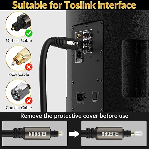 Elecan Optical Audio Cable 50 Ft Digital Audio Toslink Cable Cord-Fiber Optic-Gold Plated-Flexiable&Durable-for Home Theater,Sound Bar,PS4&Xbox-with 4 Right Angled and Mini Toslink Adapters+Ties