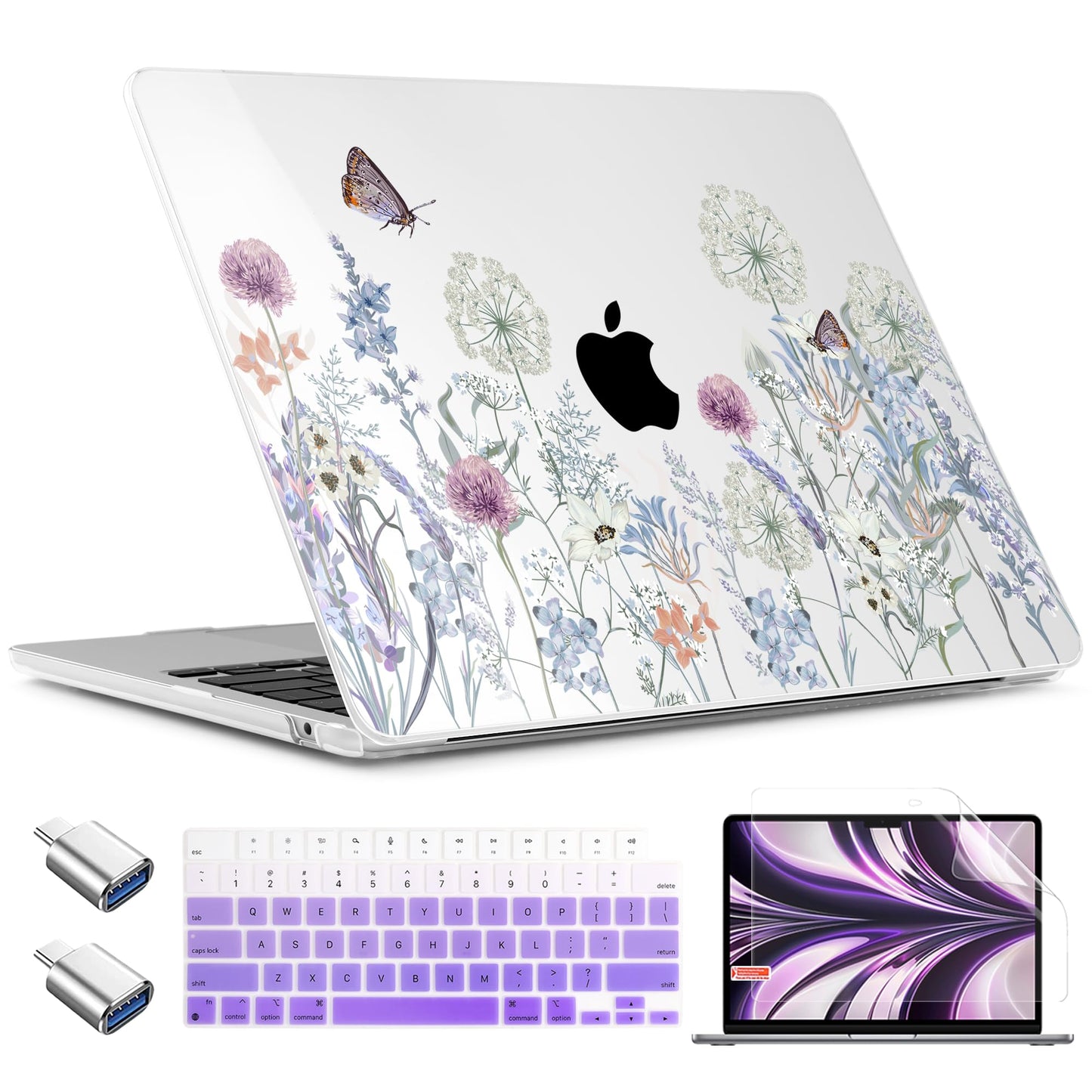 TWOLSKOO for MacBook Air 15 inch Case 2026 2025 2024 2023 Release M5 A3448 M4 A3241 M3 A3114 M2 A2941, Plastic Hard Shell & Screen Protector & Keyboard Cover & Type C Adapter, Dandelions