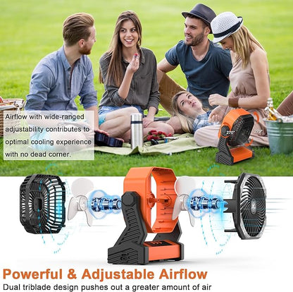 KITWLEMEN 20000mAh Battery Powered Camping Fan - 58H Max Cooling, Rechargeable Battery Operated Desk Fan with 4 Speeds, Bright Light & Hanging Hook, Portable for Tent Outdoor Hurricane Power Outage