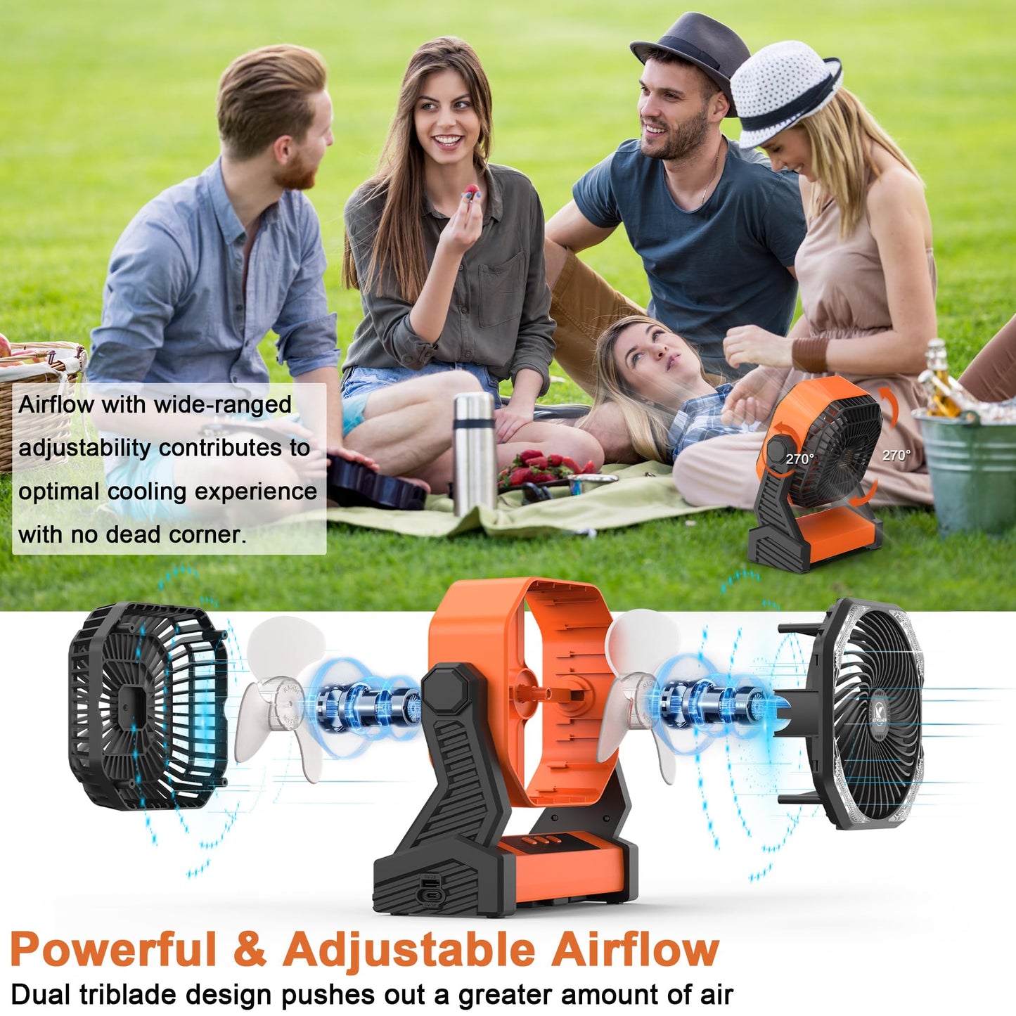 KITWLEMEN 20000mAh Battery Powered Camping Fan - 110H Max Cooling, Rechargeable Battery Operated Desk Fan with 4 Speeds, Soft Light & Hanging Hook, Portable for Tent Outdoor Hurricane Power Outage